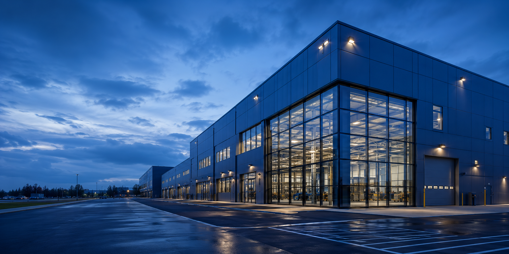 Multi-location industrial campus with connected office, logistics, and operations at blue hour.