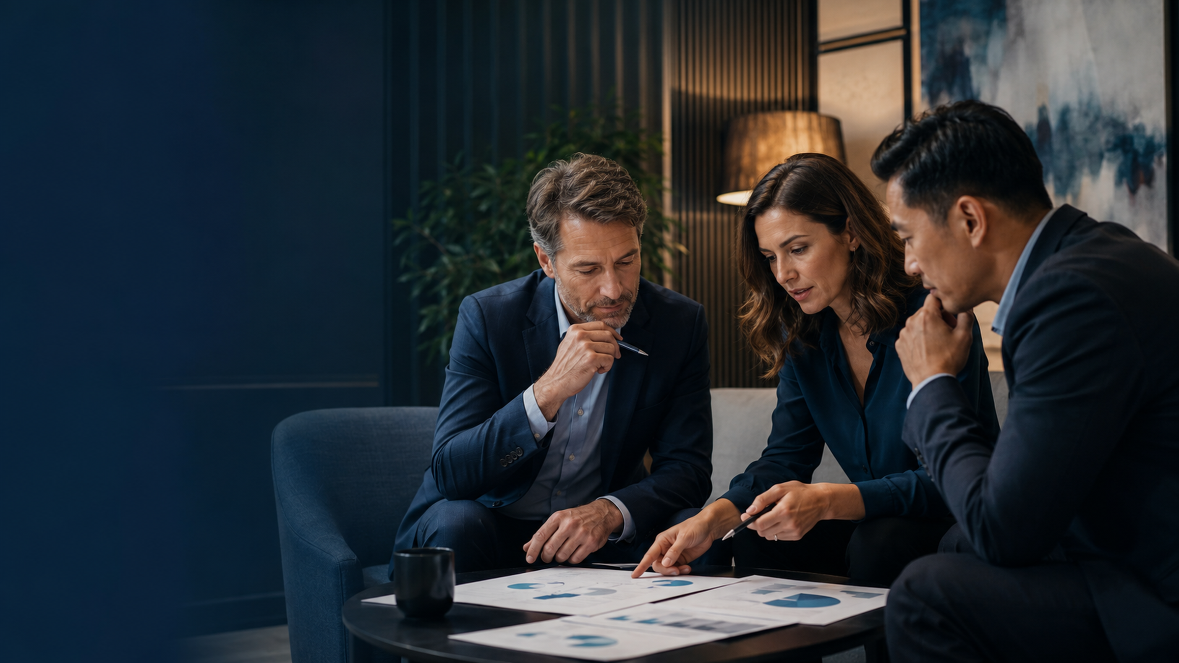 Small advisory group thoughtfully reviewing the business situation before selecting technology.