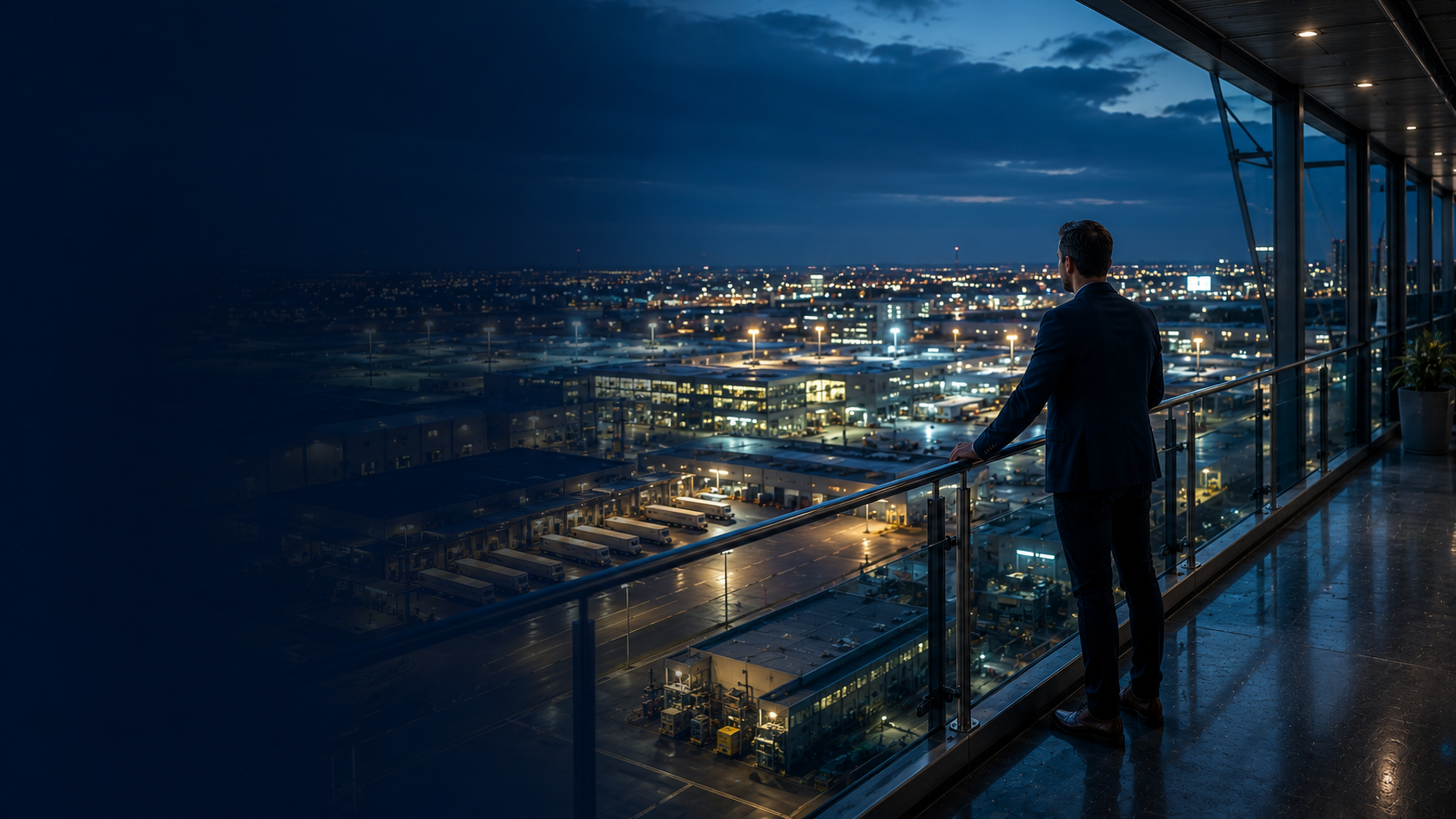 Professional surveying a connected enterprise operations campus from an elevated glass walkway.