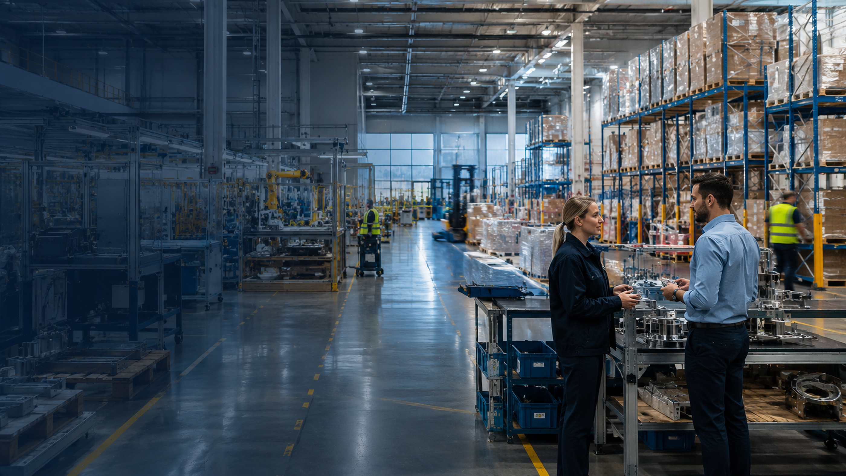 Modern manufacturing and distribution operation with production, inventory, and logistics activity.