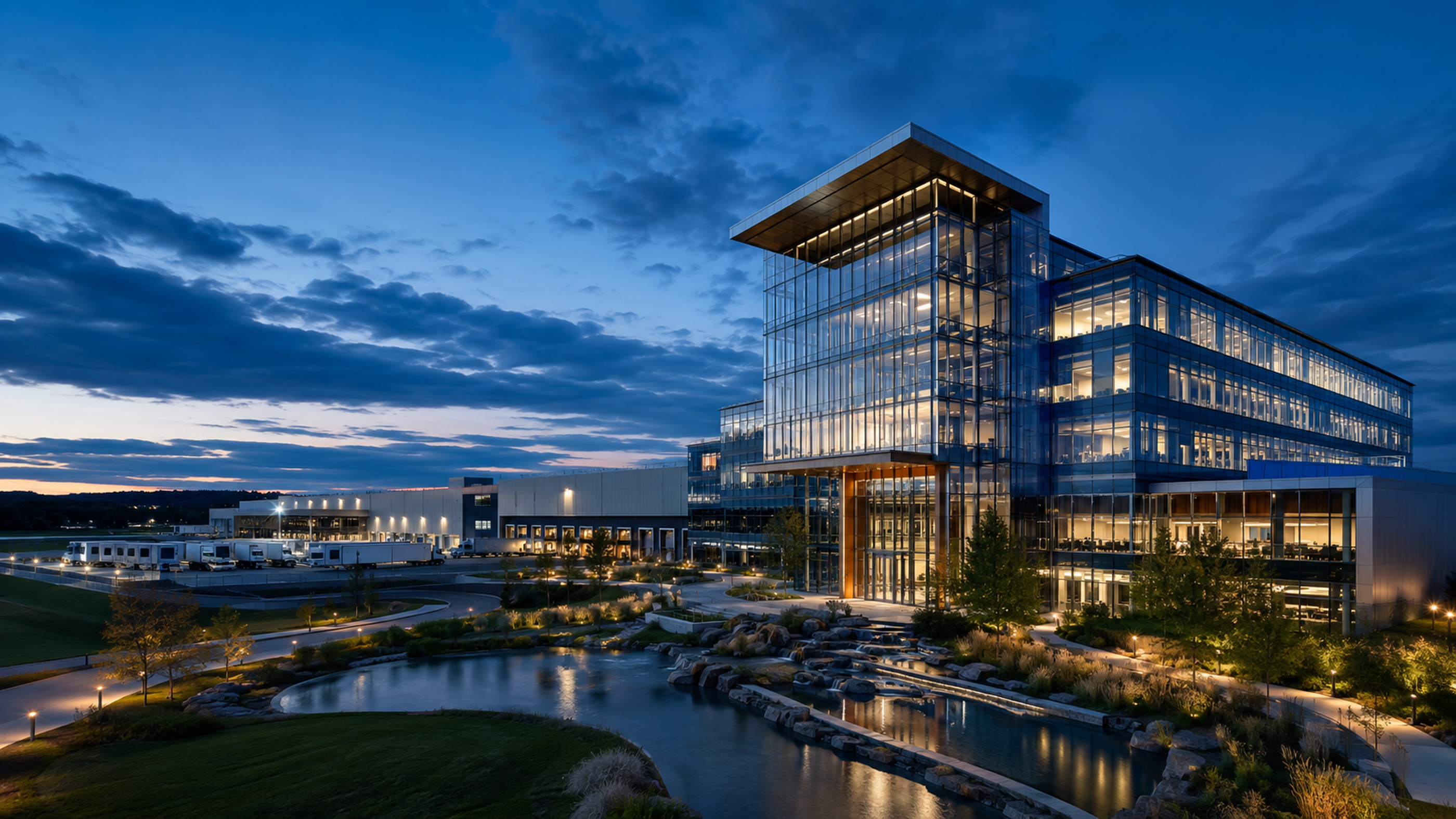Contemporary enterprise headquarters connected with operations and infrastructure at blue hour.