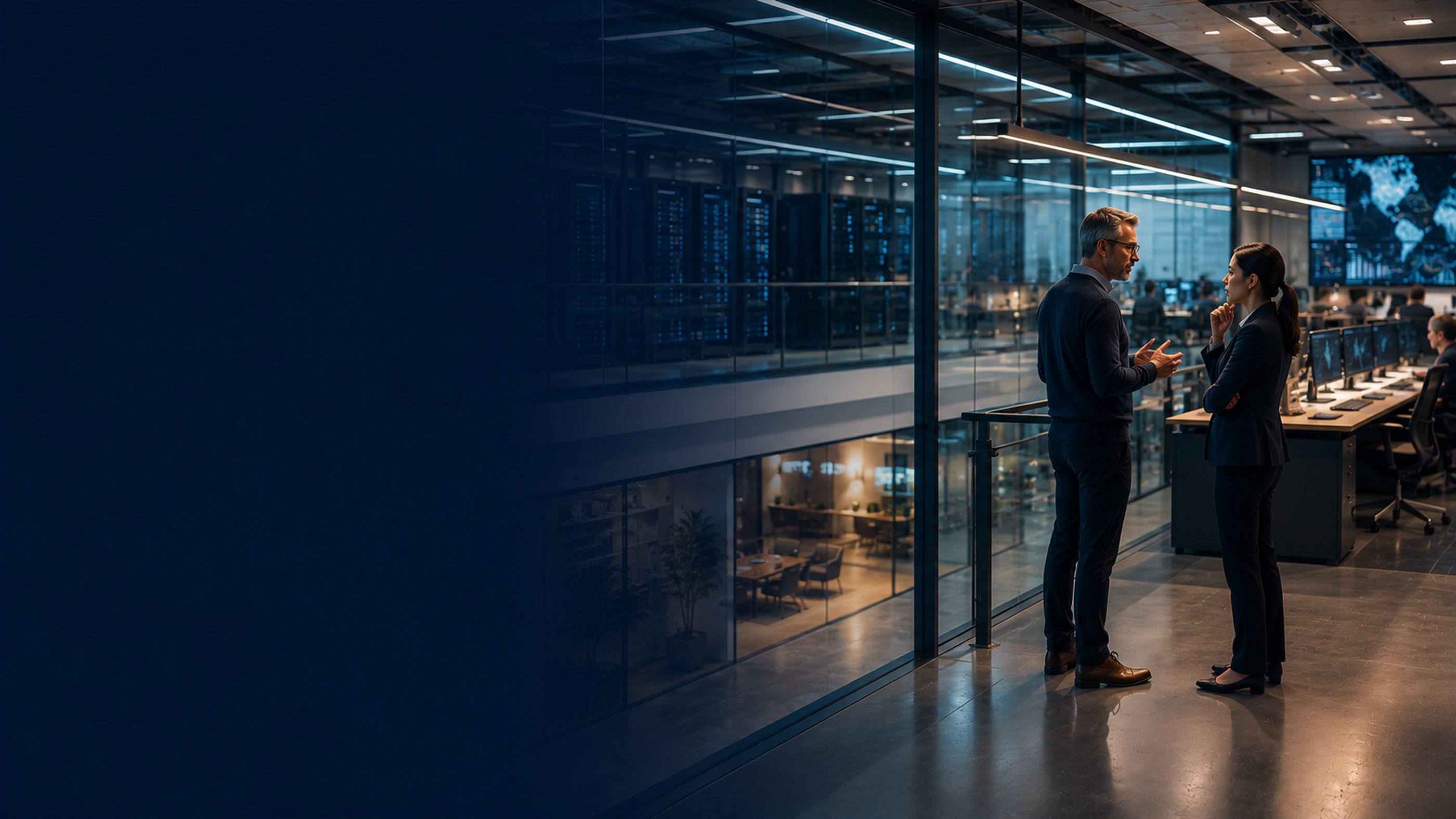 Two professionals coordinating managed IT, cloud, and data services in a modern glass-walled operations environment.