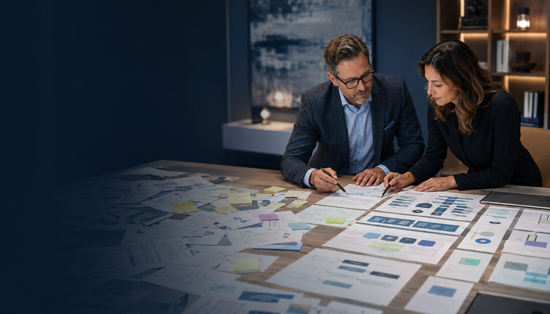 Two professionals reviewing process and system-design materials during a working assessment.