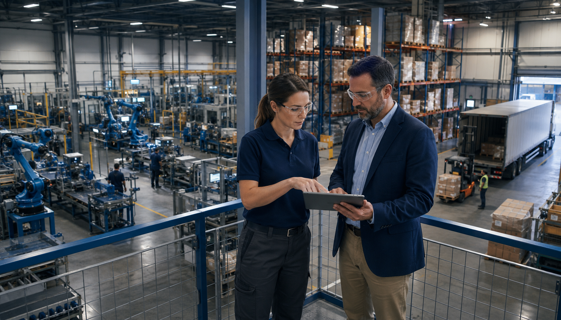 Two professionals reviewing operations above a connected manufacturing and distribution facility.